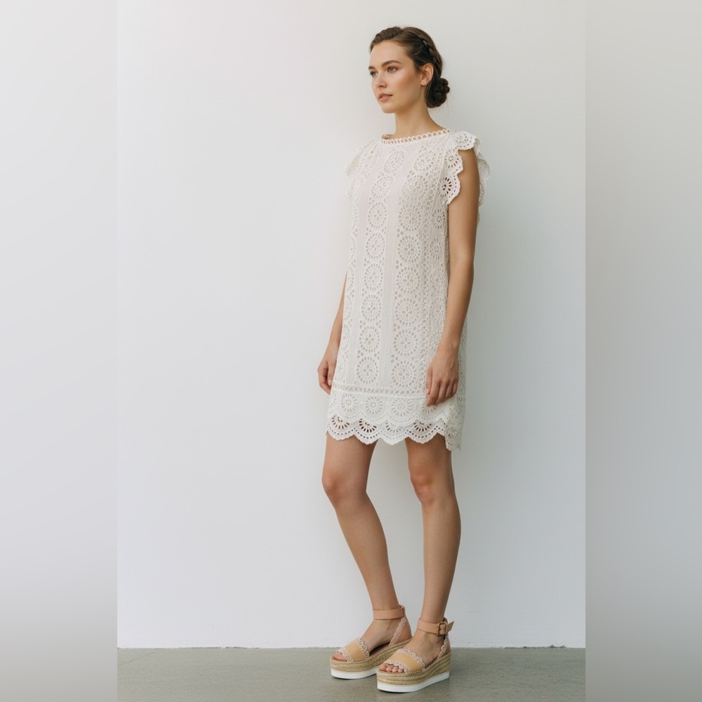Zimmermann Ivory Eyelet Mini Dress Bateau Neck Scalloped Lace Size 1 (S) - Picture 3 of 14